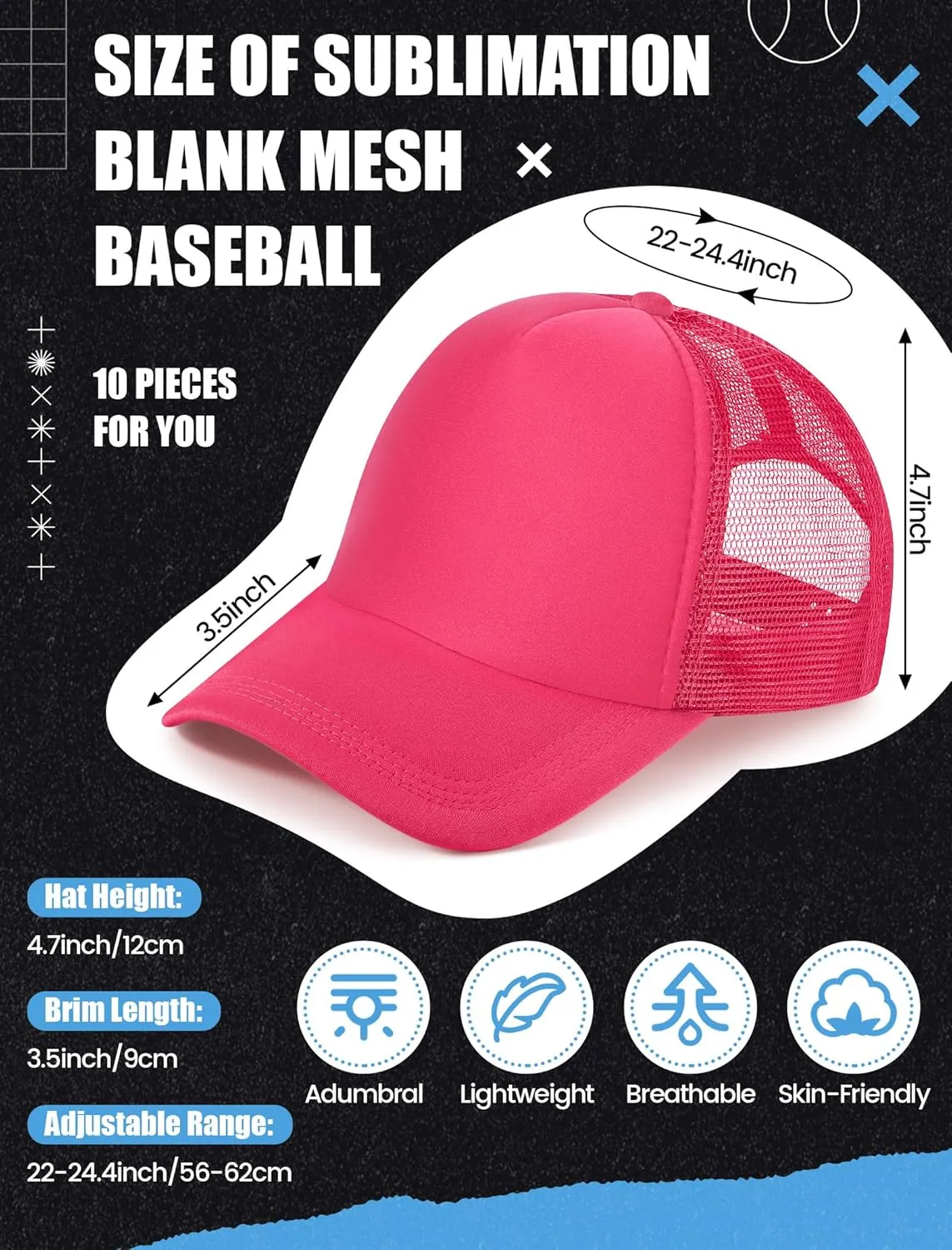 10 Pcs Sublimation Blank Trucker Hats Bulk Mesh Baseball Cap Polyester Mesh Trucker Hat for Men and Women