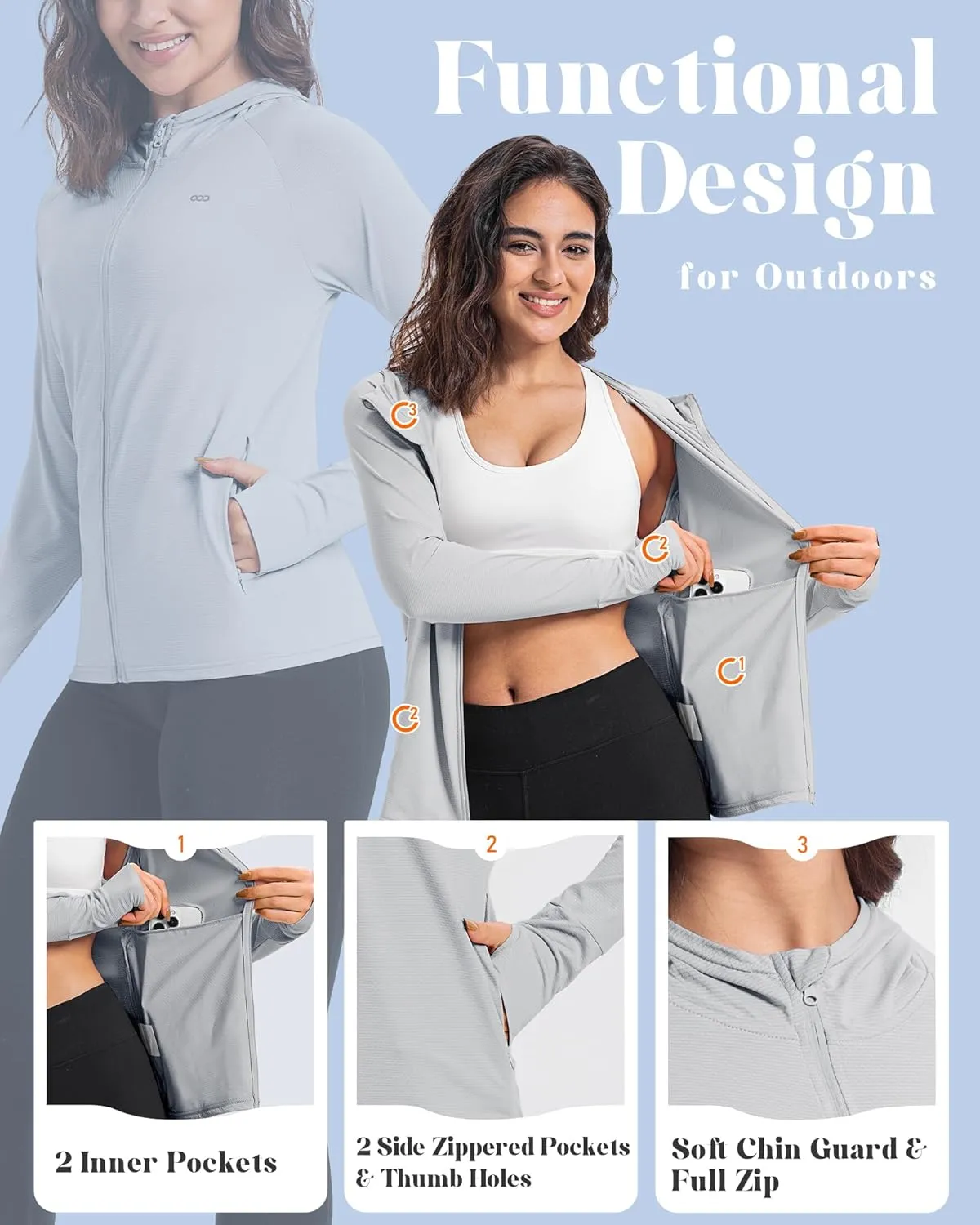 33,000ft Women's UPF 50  Sun Protection Jacket Lightweight Hoodie Zip Long Sleeve Athletic Shirt for Hiking Running