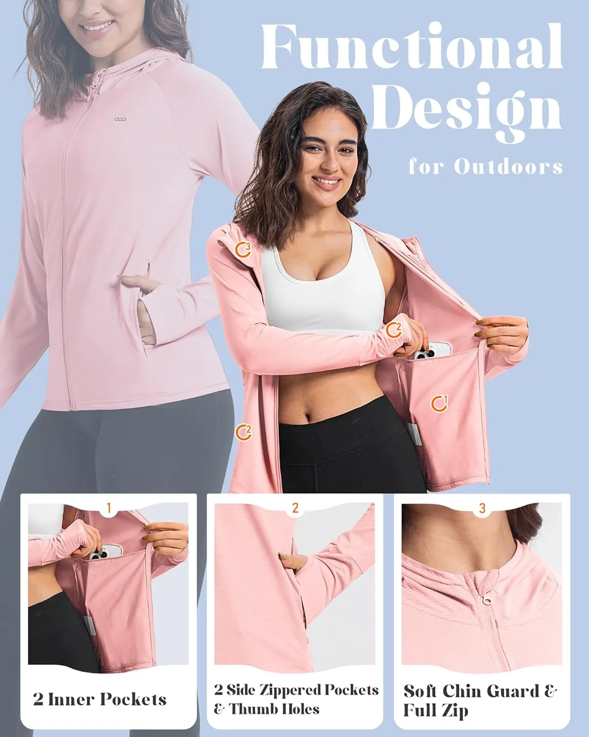 33,000ft Women's UPF 50  Sun Protection Jacket Lightweight Hoodie Zip Long Sleeve Athletic Shirt for Hiking Running