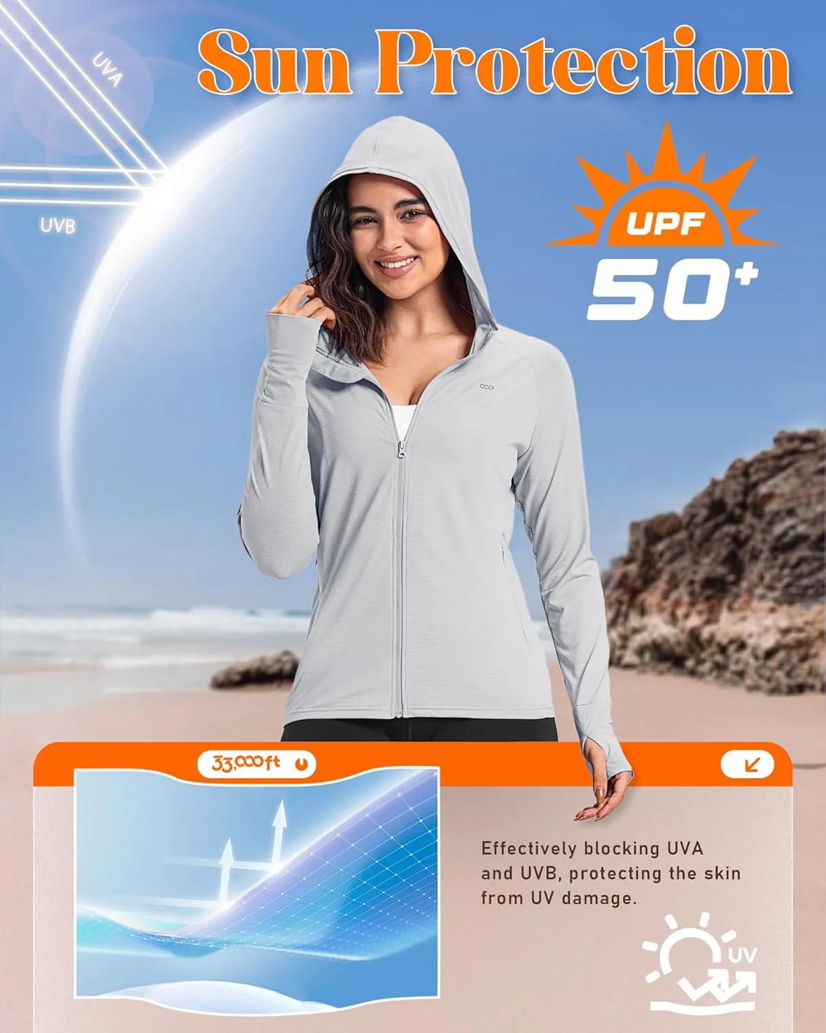 33,000ft Women's UPF 50  Sun Protection Jacket Lightweight Hoodie Zip Long Sleeve Athletic Shirt for Hiking Running
