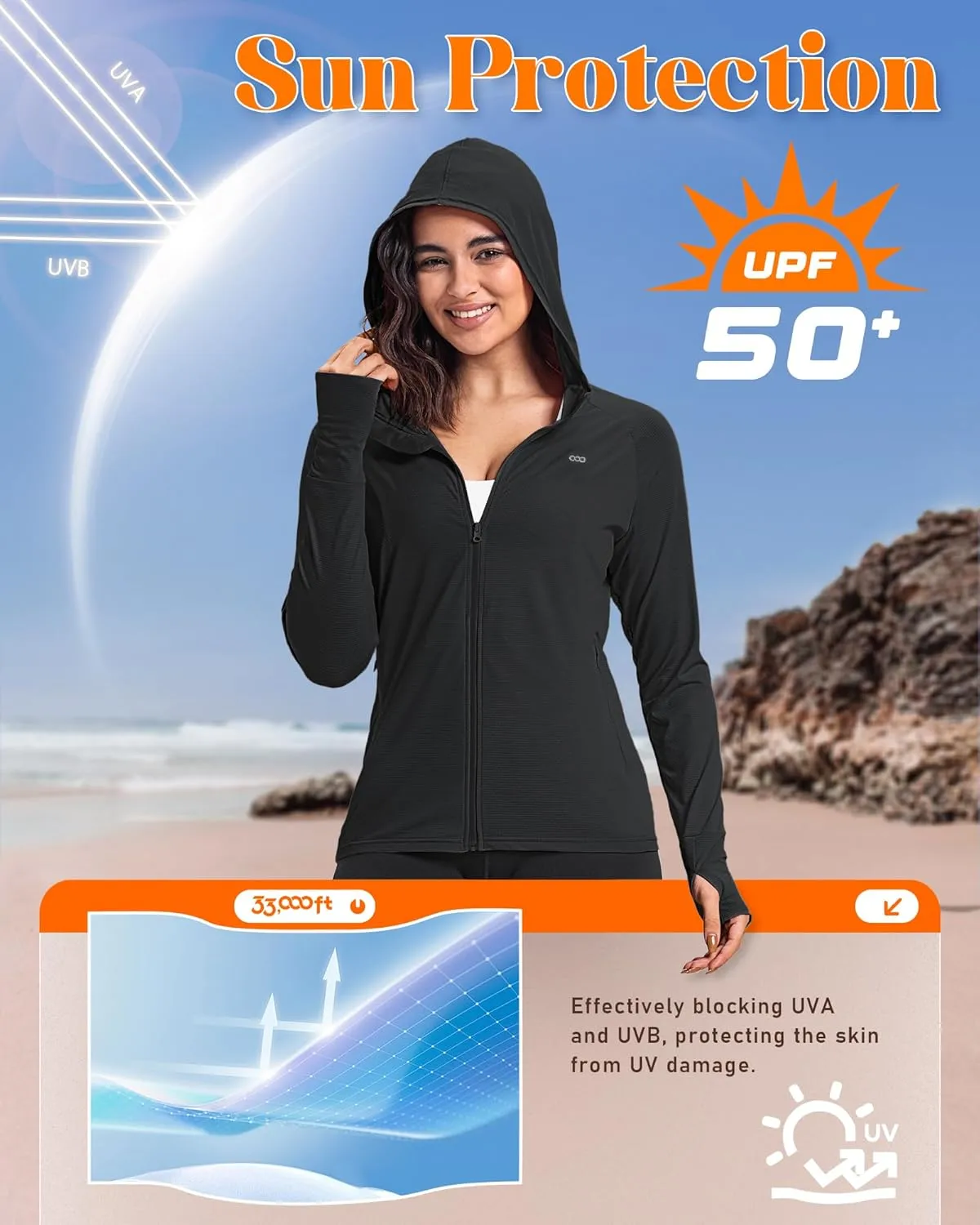 33,000ft Women's UPF 50  Sun Protection Jacket Lightweight Hoodie Zip Long Sleeve Athletic Shirt for Hiking Running