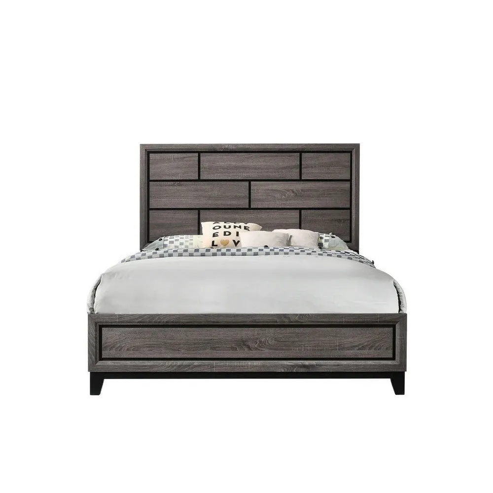 Asir Full Size Bed, Geometric Panel Headboard, Modern Gray Wood Finish By Casagear Home