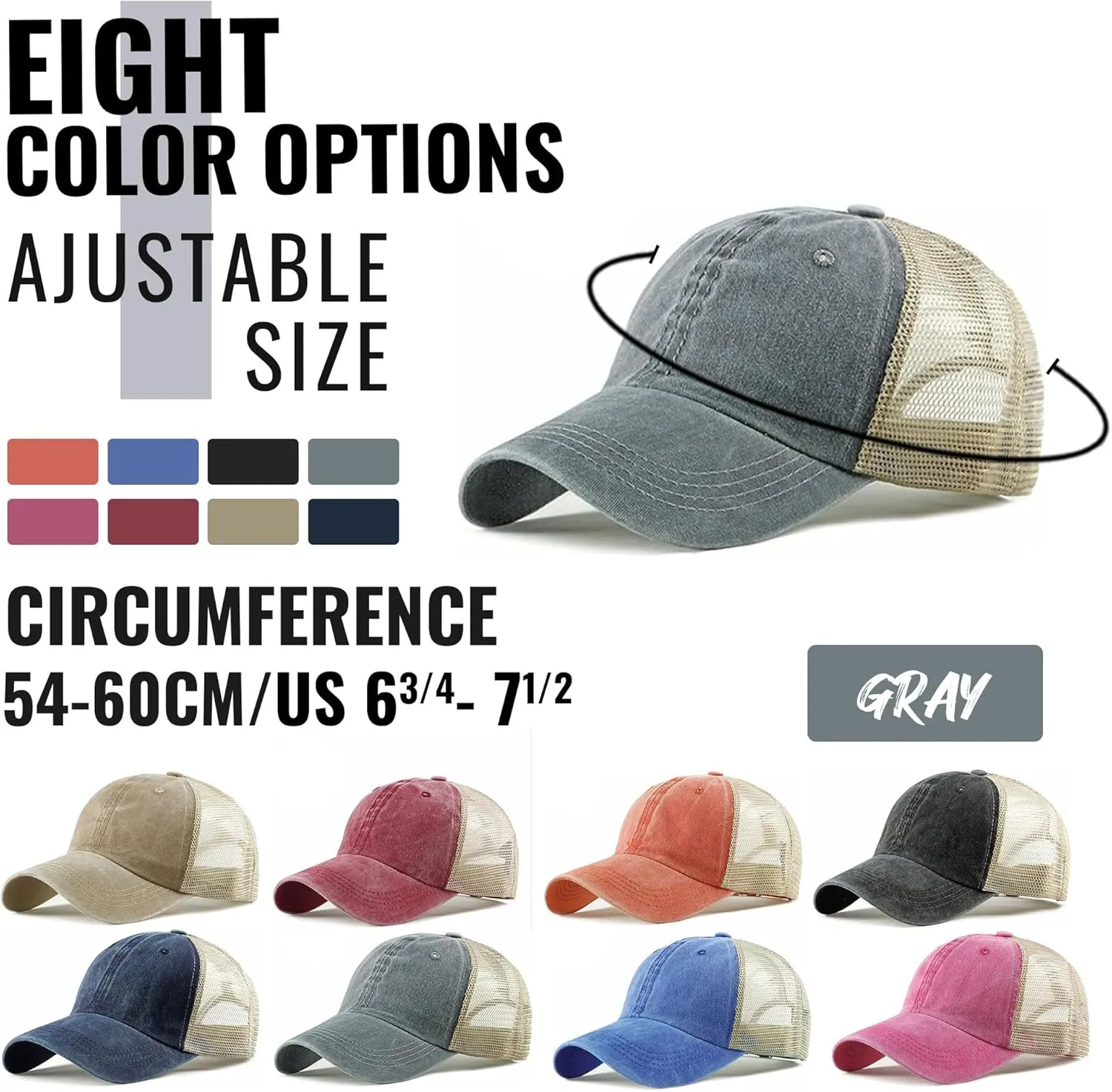 Croogo Men's Adjustable Mesh Back Cap Curved Bill Snapback Mesh Baseball Cap Retro Washed Trucker Cap Breathable Sun Hat