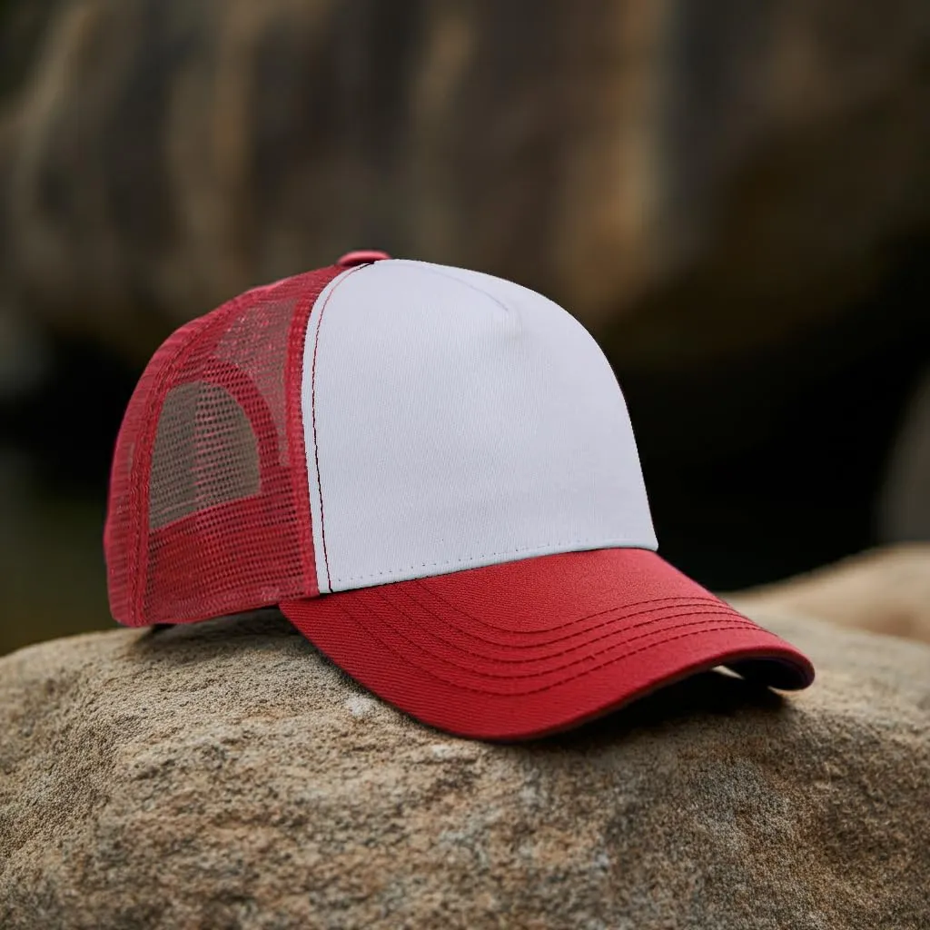 Falari 5-Panel Mesh Baseball Cap, Trucker Hat, Structured Plain Design, Cotton, Adjustable Size