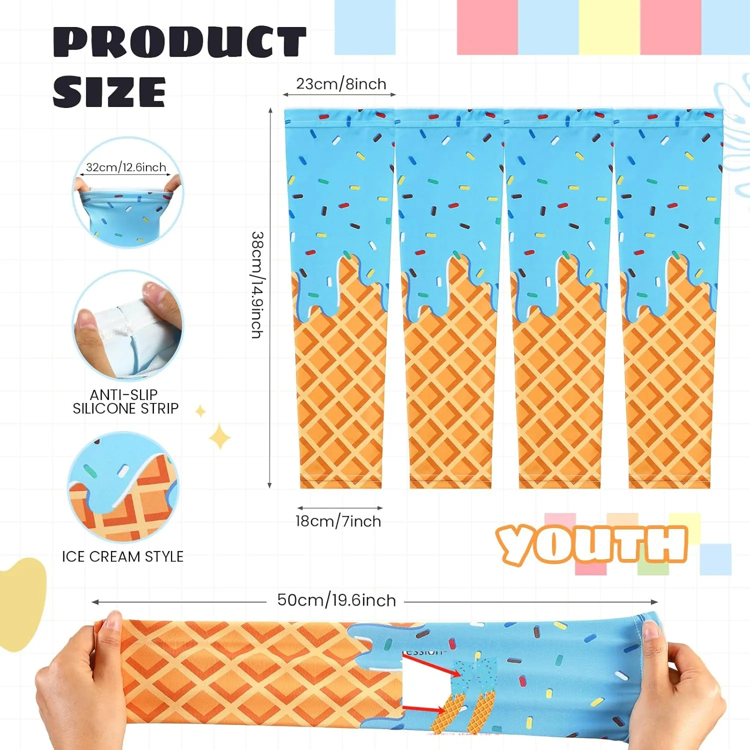 Ice Cream Arm Sleeves Ice Cream Cone Cooling Arm Sleeves Compression Arm Sleeves for Adult Sport Baseball Football