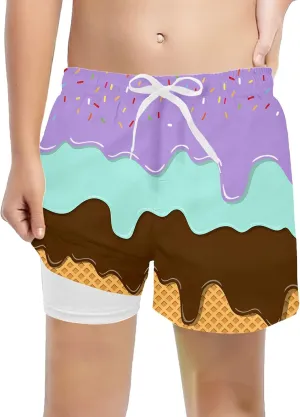 Ice Cream Boy Swim Trunks with Compression Liner Quick Dry Bathing Suit Swimsuit,Toddler Beach Board Shorts 5-16Years