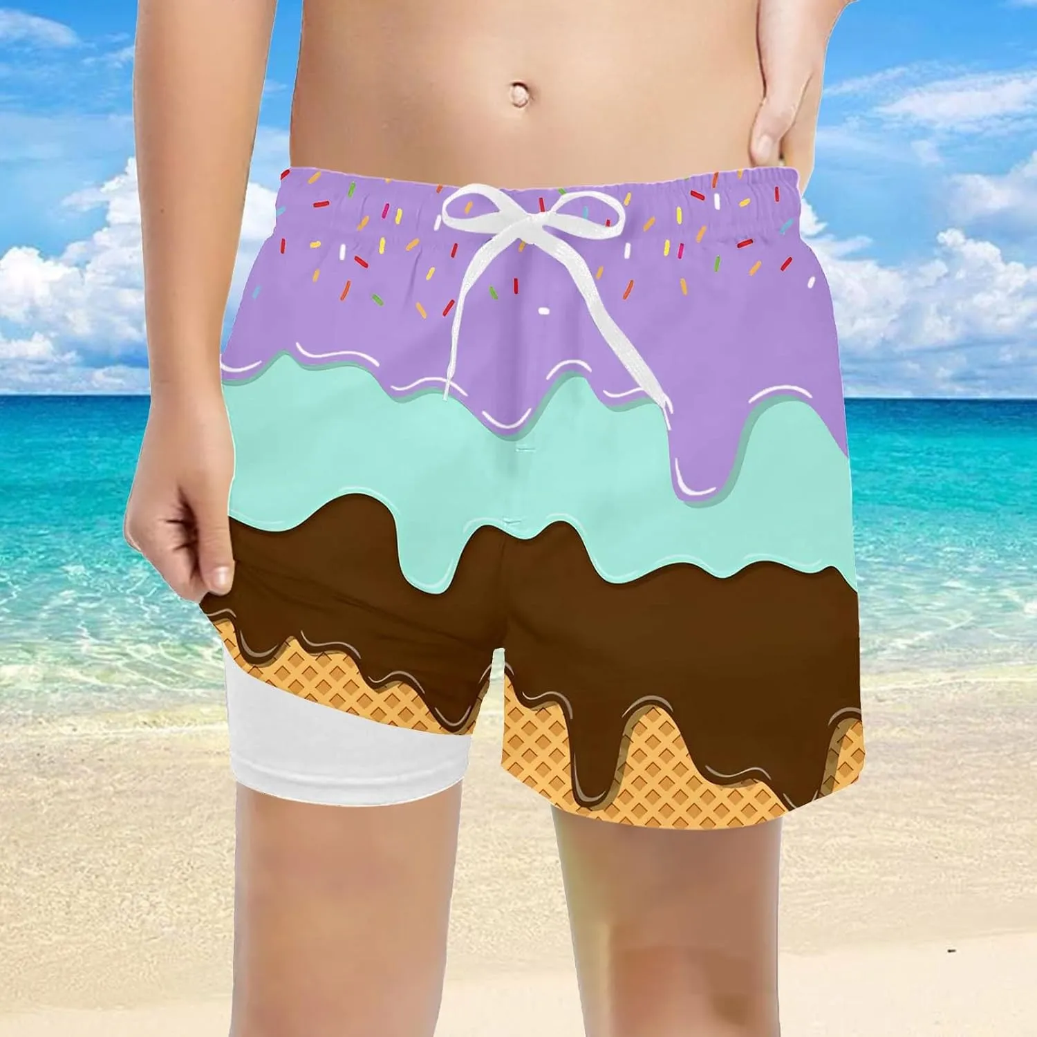 Ice Cream Boy Swim Trunks with Compression Liner Quick Dry Bathing Suit Swimsuit,Toddler Beach Board Shorts 5-16Years