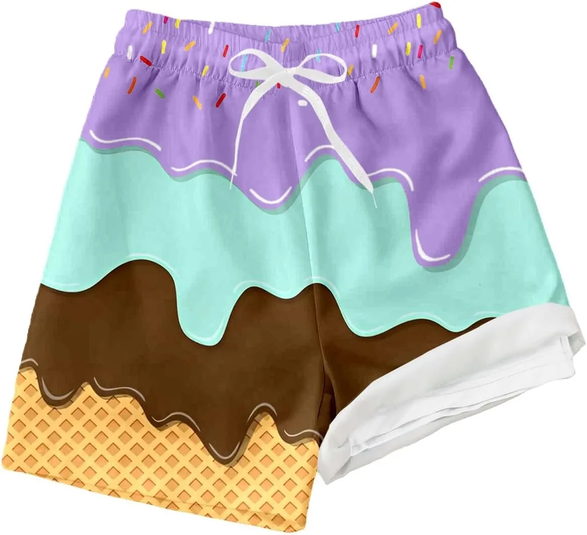 Ice Cream Boy Swim Trunks with Compression Liner Quick Dry Bathing Suit Swimsuit,Toddler Beach Board Shorts 5-16Years