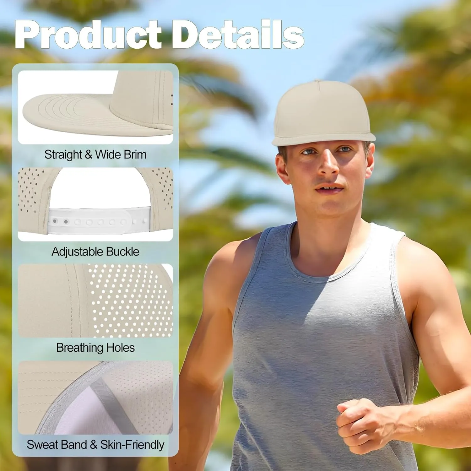 LiuSuper M/L/XL/XXL Flat Brim 5 Panel Hats for Men Performance Mens Snapback Hats Quick Dry Laser Perforated Baseball Cap