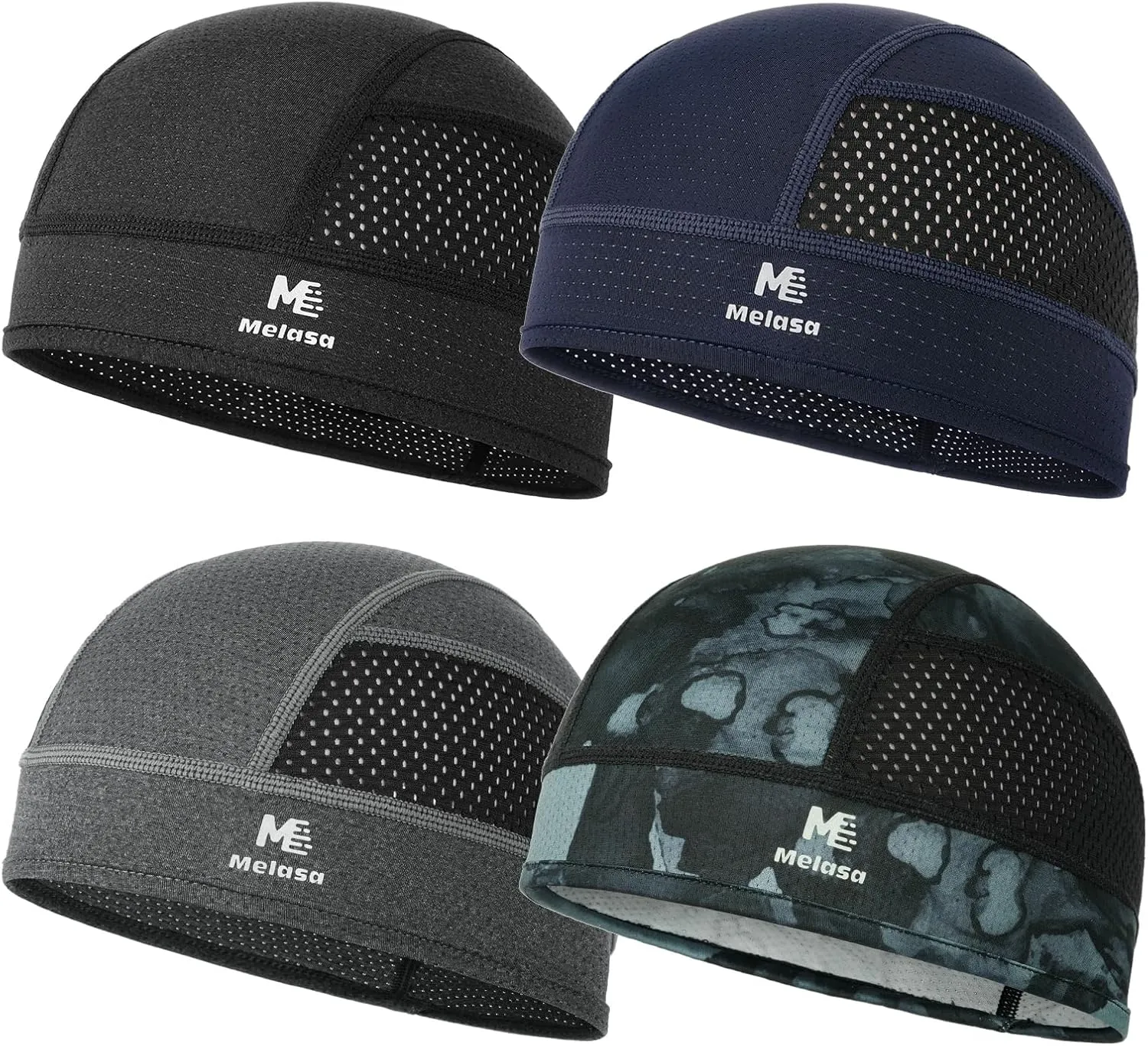 MELASA 4 Pack Cooling Skull Cap for Men Women, Breathable Mesh Helmet Liner, Sweat Bike Cap for Cycling Motorcycle Hard Hat