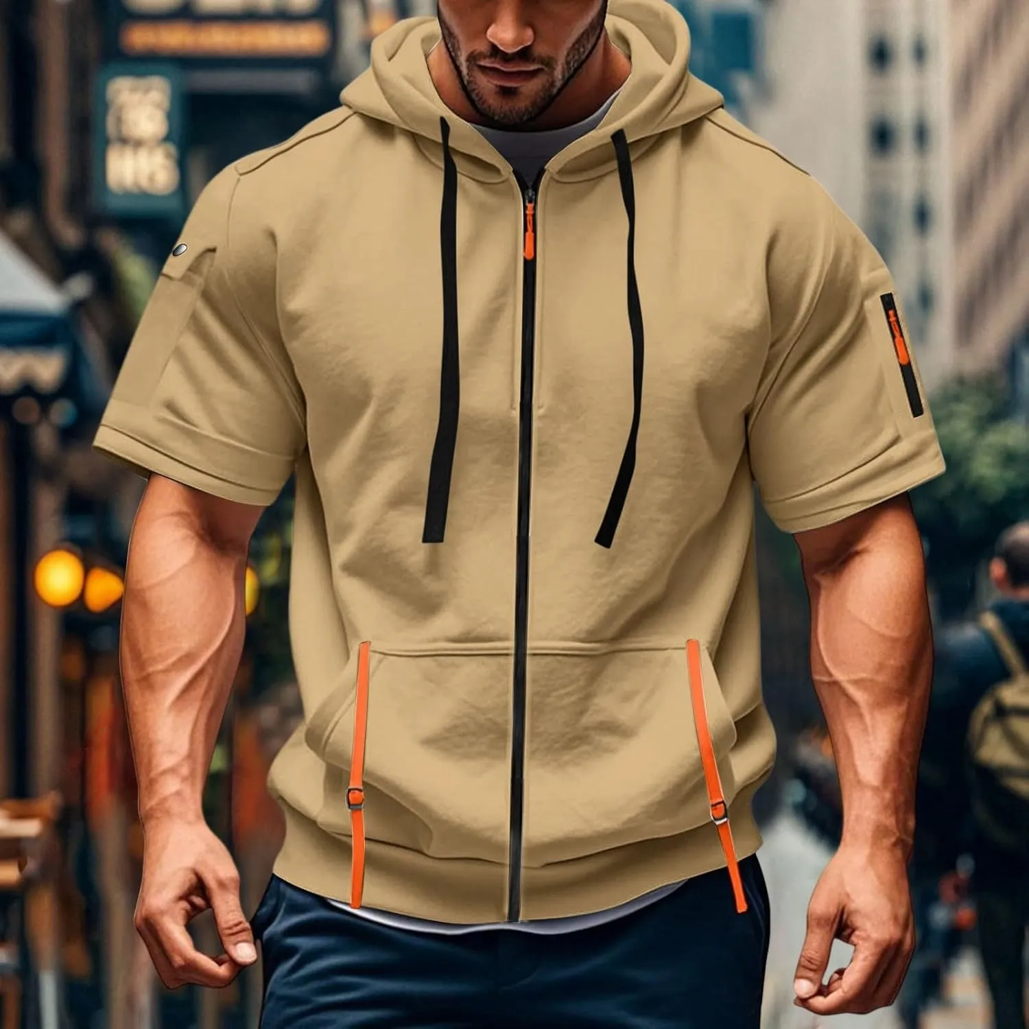 Mens Tactical Full Zip Hoodies Short Sleeve Hooded Cargo Workout Outdoor Sweatshirt with Pockets