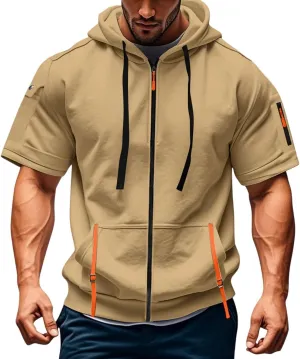 Mens Tactical Full Zip Hoodies Short Sleeve Hooded Cargo Workout Outdoor Sweatshirt with Pockets