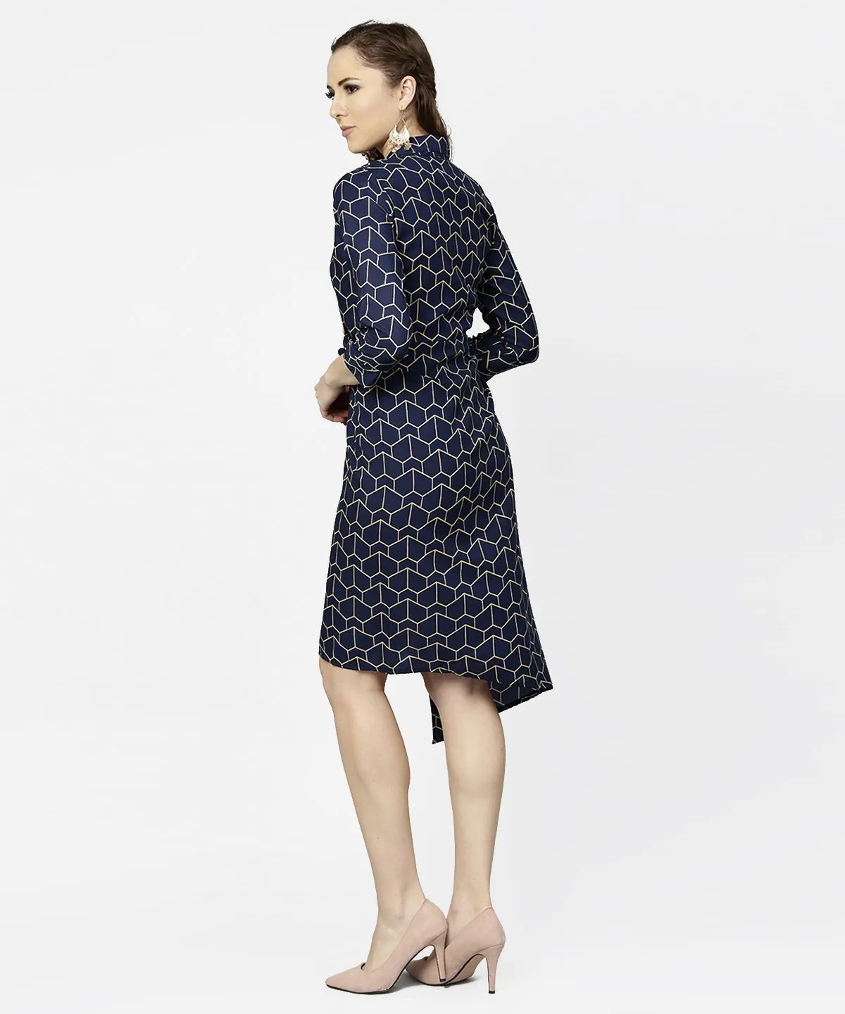 Navy Blue 3/4Th Sleeve Angrakha Style Dress