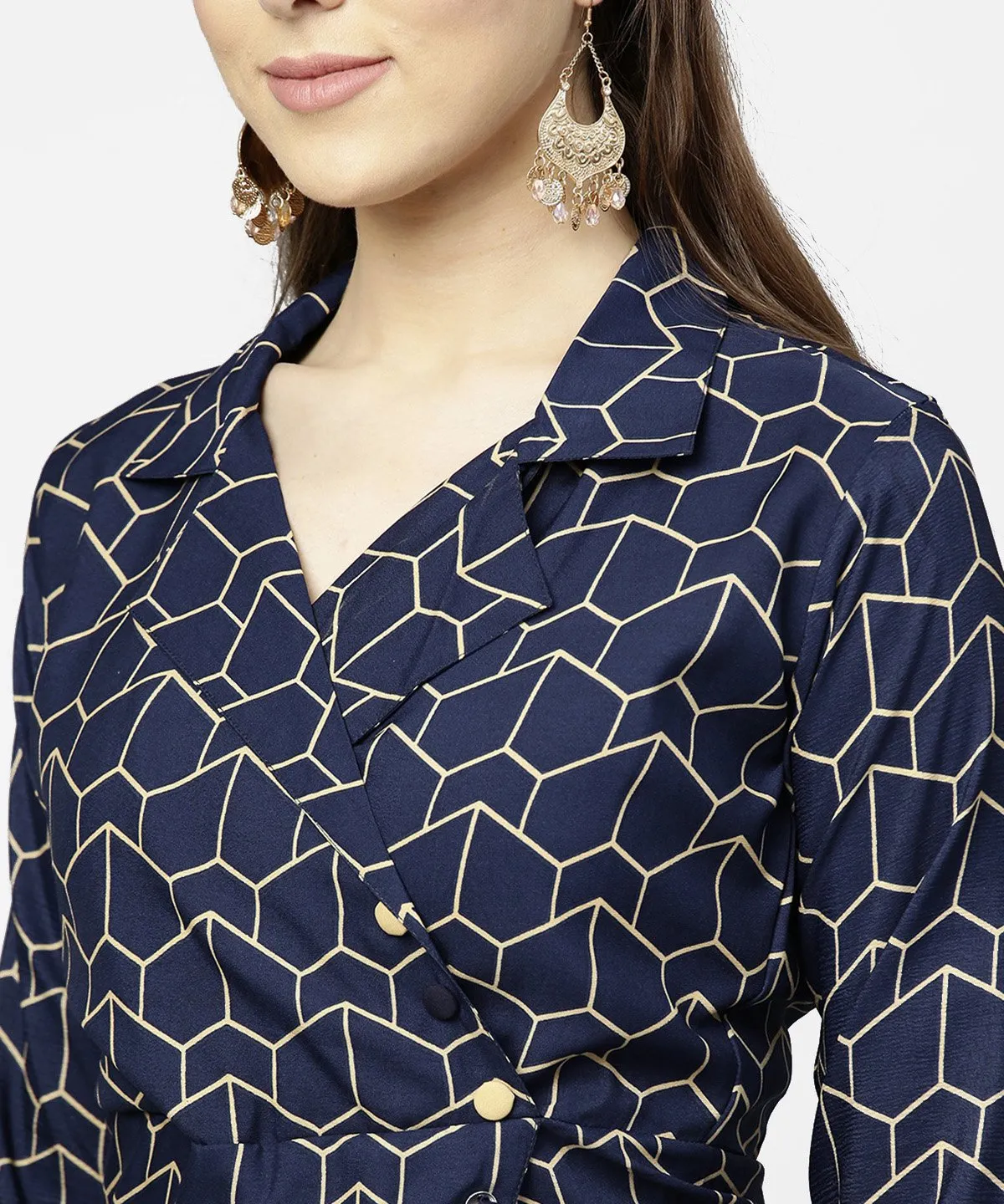 Navy Blue 3/4Th Sleeve Angrakha Style Dress