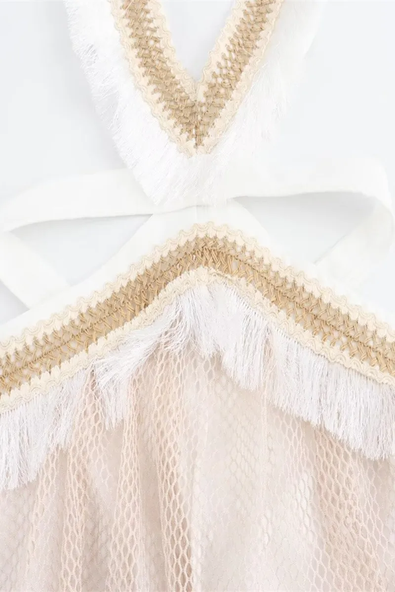 Sexy Solid Color Fringed Trim Hollow Out Patchwork Mesh V Neck Sleeveless Dresses