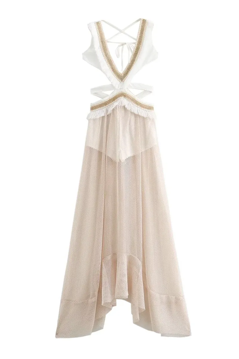 Sexy Solid Color Fringed Trim Hollow Out Patchwork Mesh V Neck Sleeveless Dresses