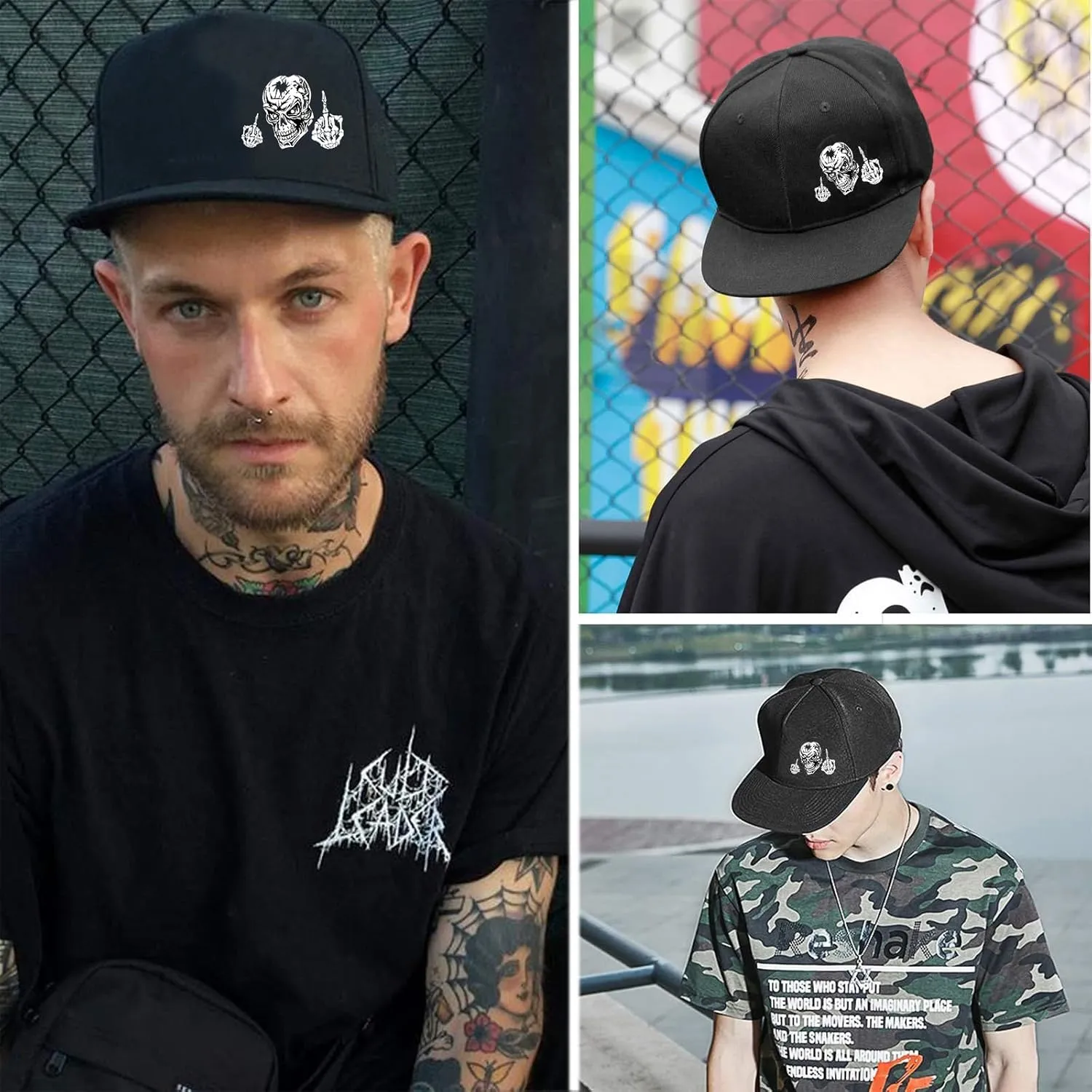 Skull Flat Bill Hats for Men Snapback Hats Adjustable Fitted Flat Brim Black Baseball caps for Men Cool Hip Hop Cap