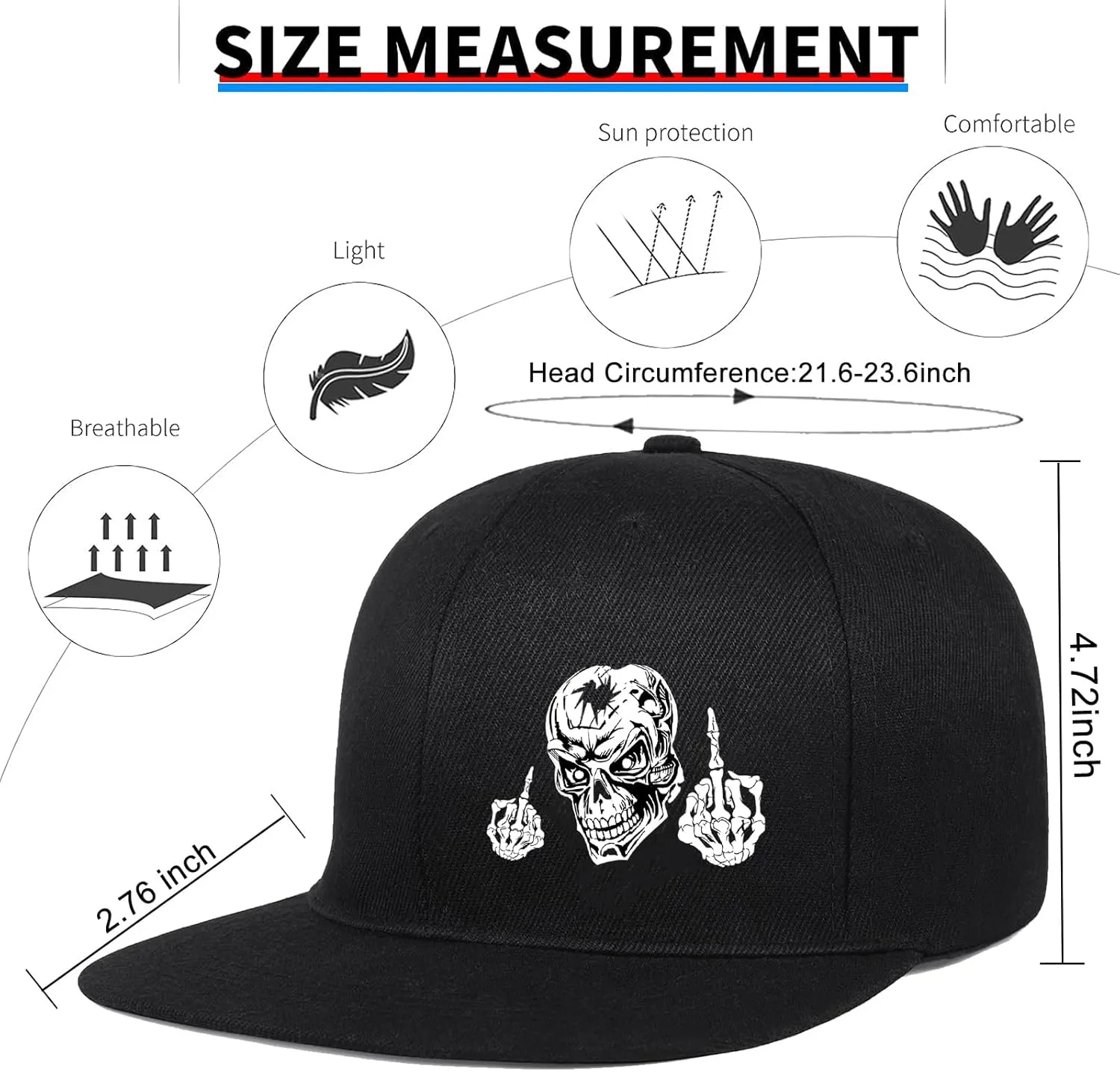 Skull Flat Bill Hats for Men Snapback Hats Adjustable Fitted Flat Brim Black Baseball caps for Men Cool Hip Hop Cap