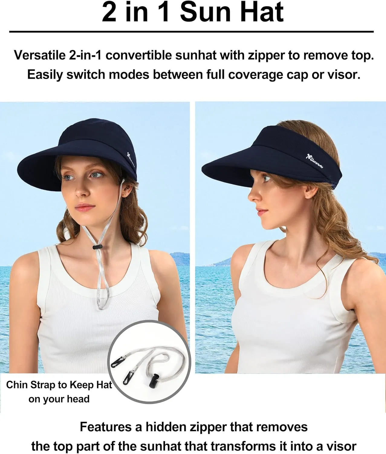 Sun Hats for Womens Wide Brim Visor UV Protection Dual Purpose Hat for Beach Summer Packable Cap