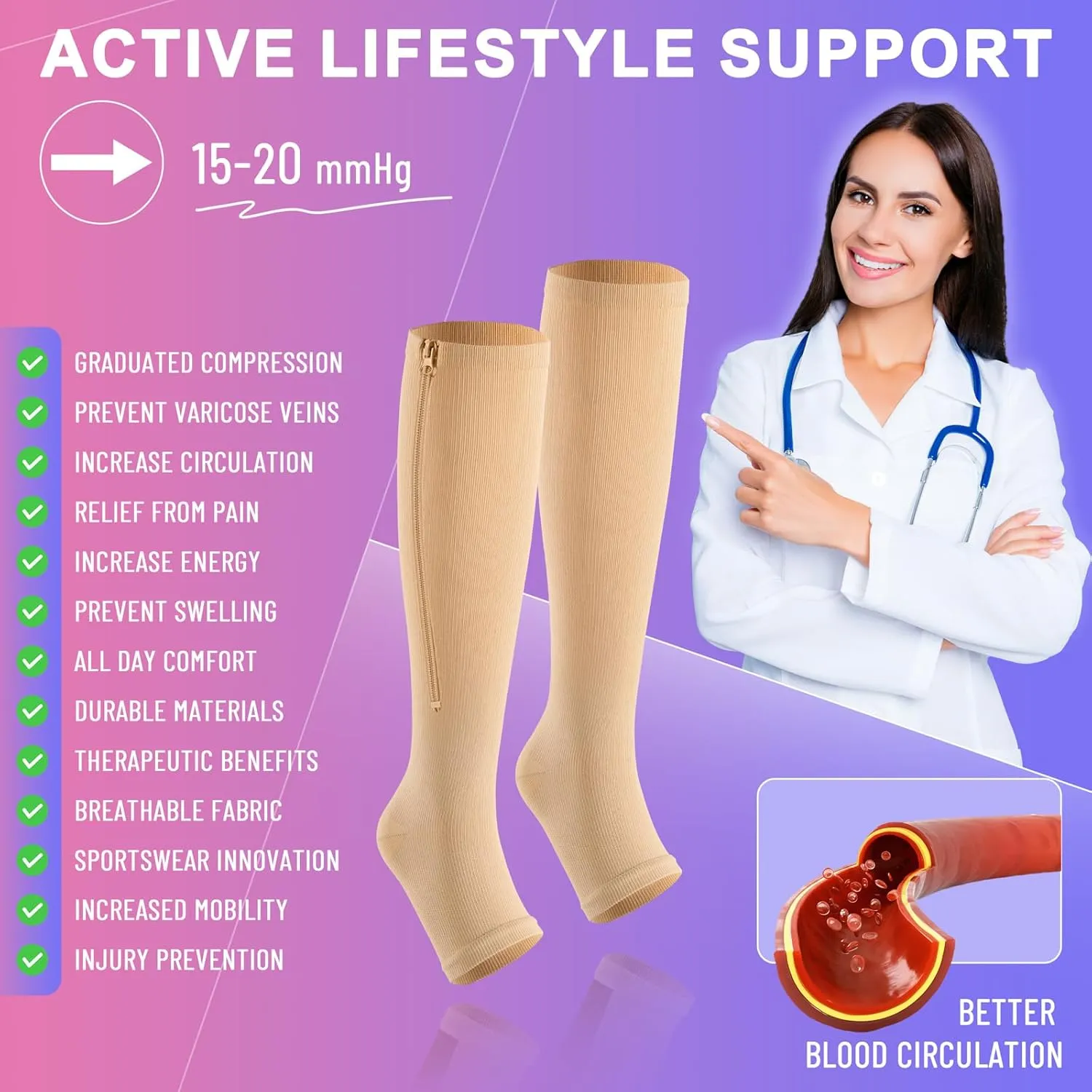 Zipper Compression Socks - 2 Pairs Open Toe Compression Stockings for Men Women 15-20mmHg,Suit for Running, Sport