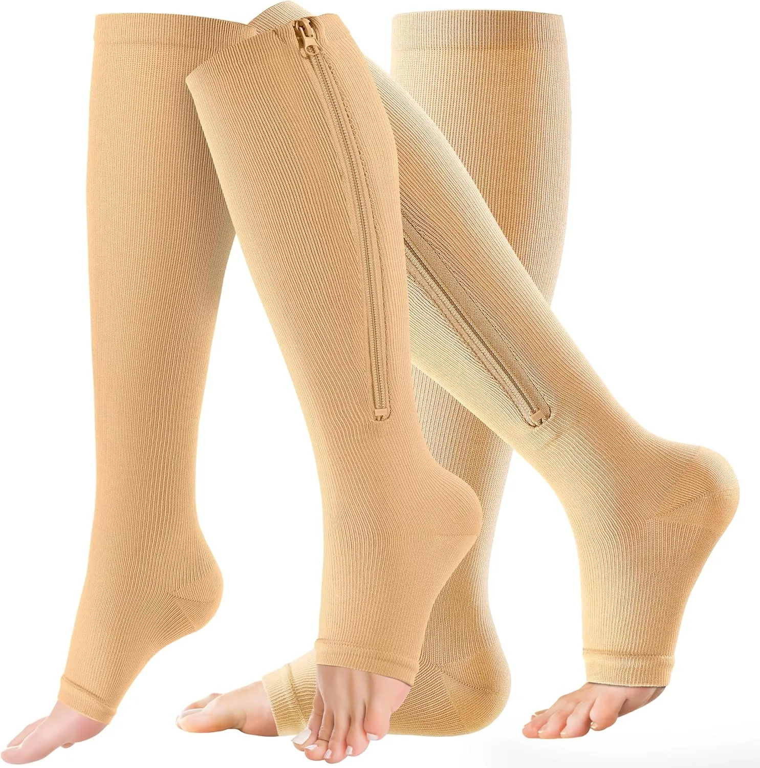 Zipper Compression Socks - 2 Pairs Open Toe Compression Stockings for Men Women 15-20mmHg,Suit for Running, Sport