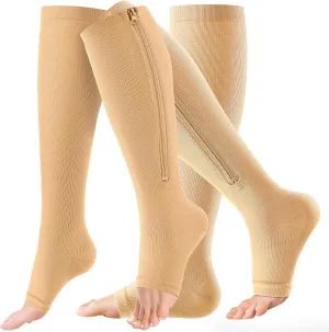 Zipper Compression Socks - 2 Pairs Open Toe Compression Stockings for Men Women 15-20mmHg,Suit for Running, Sport